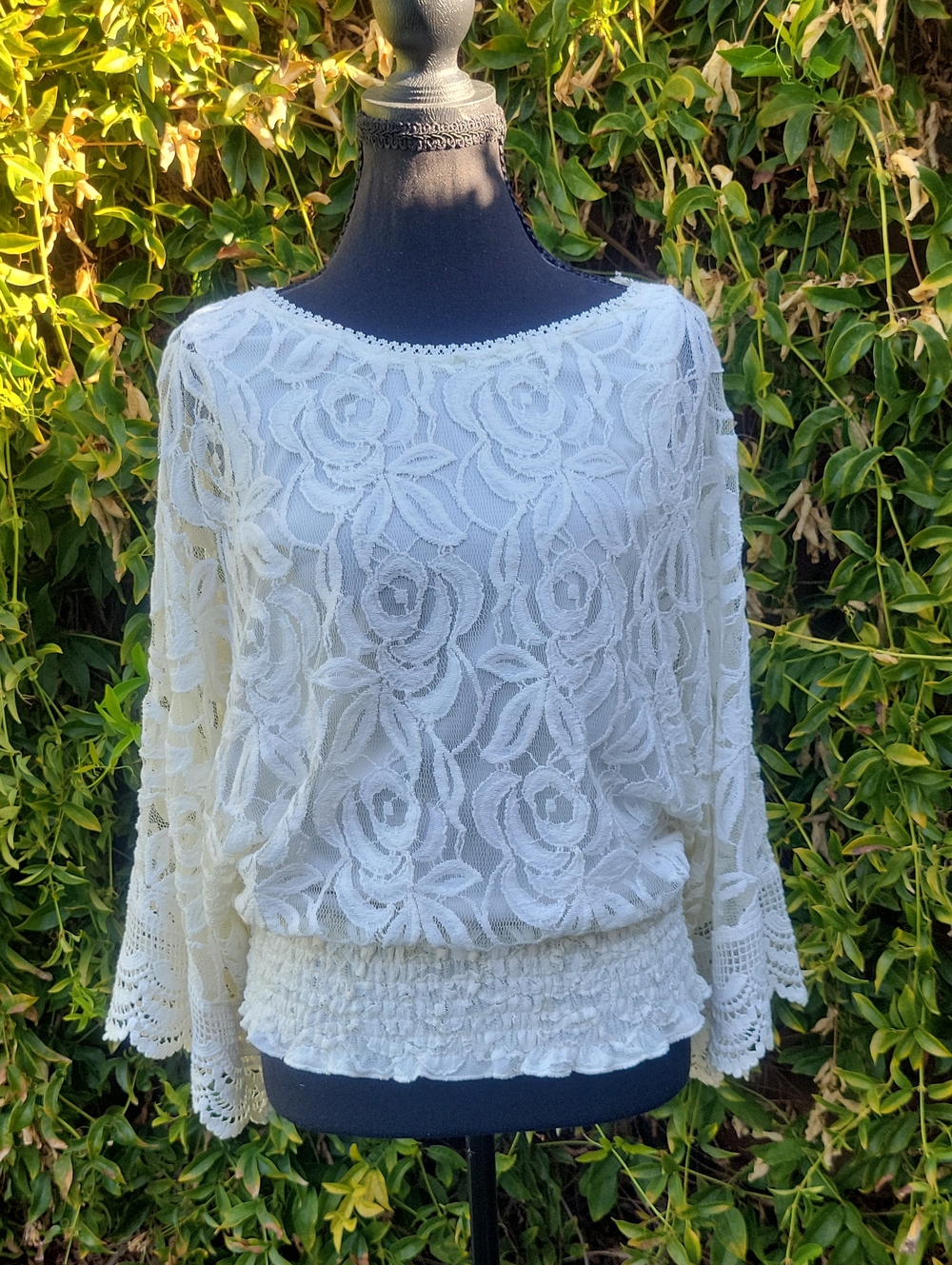 Ivory Lace Boatneck Batwing Flowy Lace Sleeve Boho Blouse
